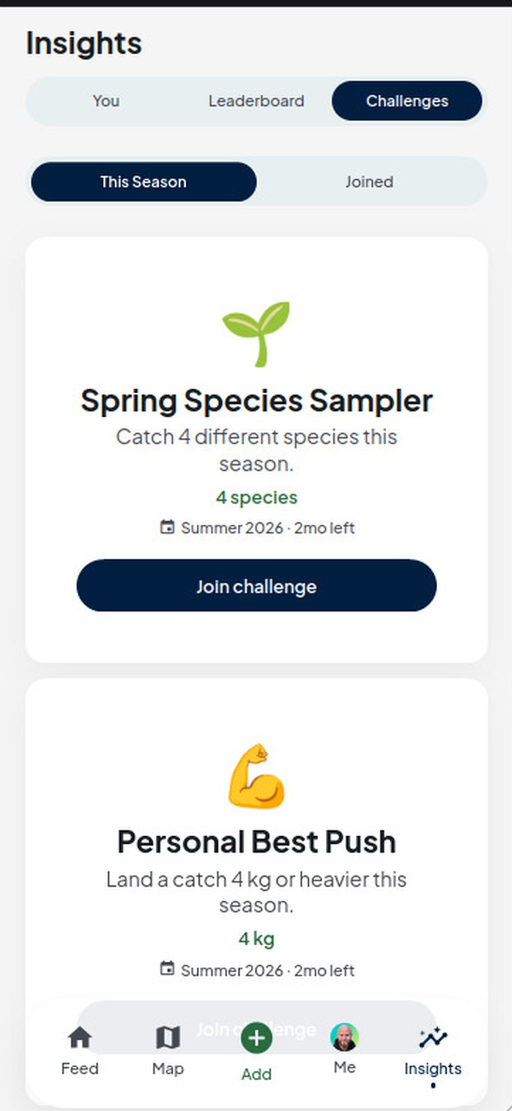 Fishub app screen showing seasonal challenges: a Spring Species Sampler challenge to catch four different species, and a Personal Best Push challenge to land a catch of four kilograms or heavier, each with a join button.