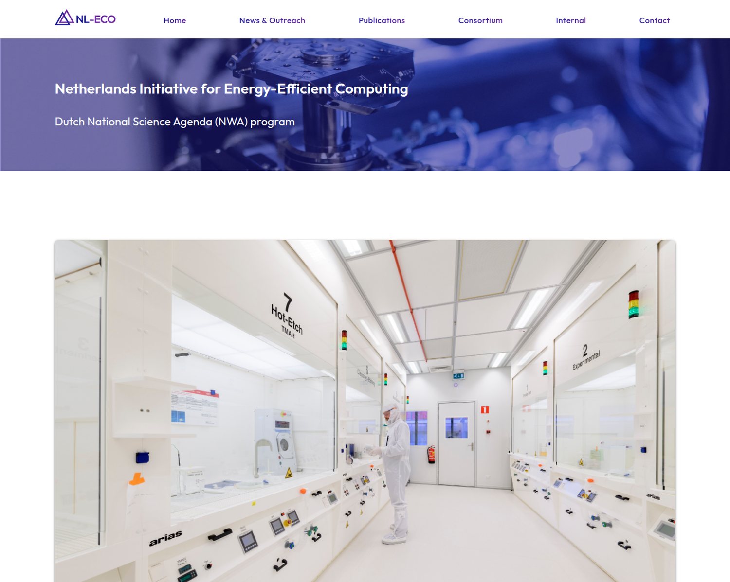 The NL-ECO homepage: a navigation bar with Home, News and Outreach, Publications, Consortium, Internal and Contact, a purple hero banner reading Netherlands Initiative for Energy-Efficient Computing, and a large photograph of a semiconductor cleanroom above the programme introduction.